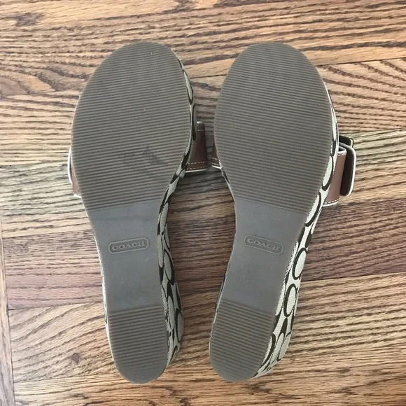 Coach Brown Leather Logo Wedge Sandals with White Trim - Picture 3 of 4